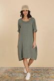 Round neck dress in 100% linen 6761: Choco