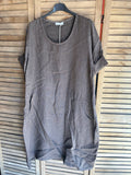 Round neck dress in 100% linen 6761: Choco