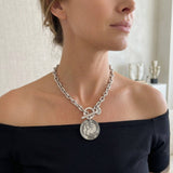 Silver chain necklace charm Big coin silver plated