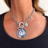 Silver chain necklace charm Big coin silver plated