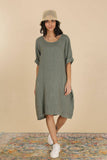Round neck dress in 100% linen 6761: Choco
