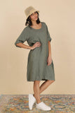 Round neck dress in 100% linen 6761: Choco